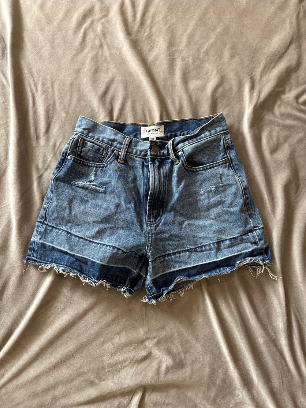 EVIDNT Mid-Blue High-Waist Denim Shorts with Frayed Hem
